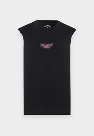 Maglietta nera senza maniche Billabong con piccolo logo centrale in testo rosso e bianco.