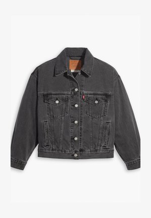Black denim jacket with a collared neck, button closures, two chest pockets, and a slightly distressed texture. Classic design with tailored fit.