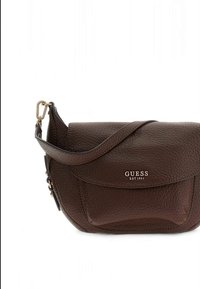 Brown leather crossbody bag with a textured finish, flap closure, and a gold logo accent. Features adjustable strap and rounded shape.