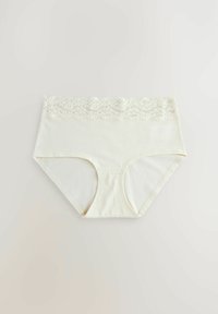 Beige hoge taille slip gemaakt van zachte katoen met een kantafwerking aan de bovenrand. Gladde textuur en elastische tailleband voor comfort.