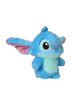 Klein blauw pluchen speelgoed dat lijkt op een cartoonfiguur met grote oren, grote ogen en een lichtblauwe buik, zittend tegen een witte achtergrond.