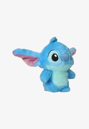 Small blue plush toy resembling a cartoon creature with large ears, big eyes, and a light blue belly, sitting against a white background.