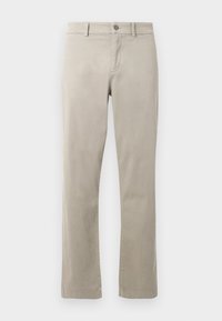 Beige pamut chinos, egyenes lábakkal, gombos záródással és elülső zsebekkel. Sima textúra, finom varrási részletekkel.