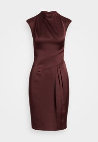 Burgundinpunainen satiininen mekko, jossa on korkea kaulus, lyhyet hihat, laskostettu yksityiskohta ja vartalonmyötäinen siluetti sekä piilotettu takavetoketju.