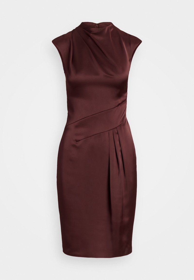Burgundinpunainen satiininen mekko, jossa on korkea kaulus, lyhyet hihat, laskostettu yksityiskohta ja vartalonmyötäinen siluetti sekä piilotettu takavetoketju.