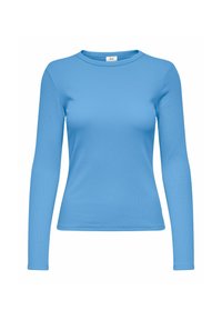 Langermet, tettsittende topp i et lyst blått ribbestrikket stoff med rund hals og en glatt tekstur. Minimalistisk design uten utsmykninger.