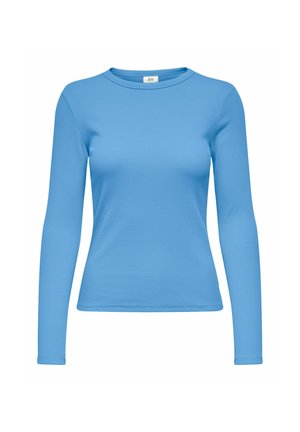 Top ajustado de manga larga en un tejido acanalado azul brillante, con cuello redondo y una textura suave. Diseño minimalista sin adornos.