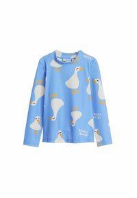 Pitkähihainen lasten paita sinisessä väriä, jossa on valkoisia ankkakuvioita ja teksti "QUACK! QUACK!". Valmistettu sileästä kankaasta, jossa on pyöreä kaula-aukko.