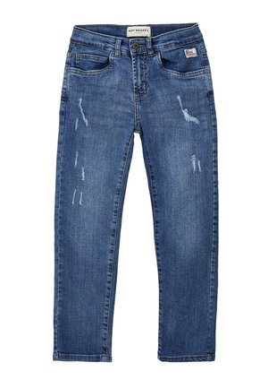 Jeans slim-fit blu con leggeri segni di usura sulle cosce anteriori, bottone e zip frontali, e etichette del marchio Roy Roger's in vita e sulla tasca.