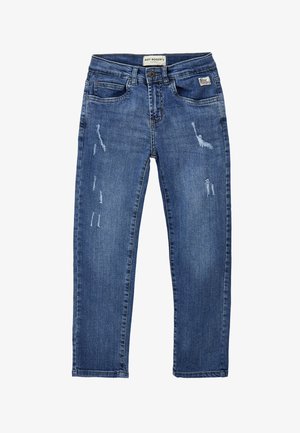 Jeans slim-fit blu con leggeri segni di usura sulle cosce anteriori, bottone e zip frontali, e etichette del marchio Roy Roger's in vita e sulla tasca.