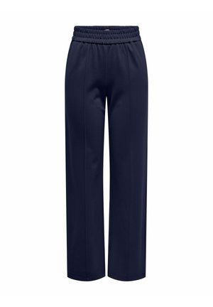 Pantalones de pierna ancha en azul marino con una cintura elástica, que presentan una tela suave y detalles de pliegue frontal para un aspecto refinado.