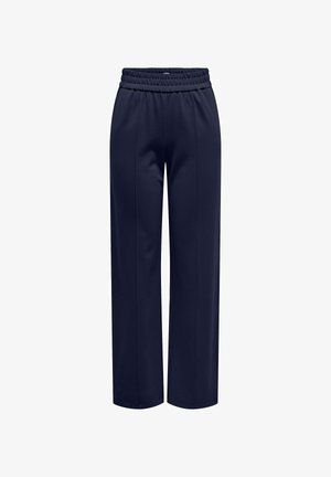 Pantalones de pierna ancha en azul marino con una cintura elástica, que presentan una tela suave y detalles de pliegue frontal para un aspecto refinado.