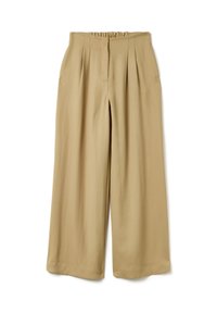 Helle beige, weite Hosen mit einem gerafften, elastischen Bund, ausgestattet mit Vorderfalten und einer glatten, fließenden Textur.