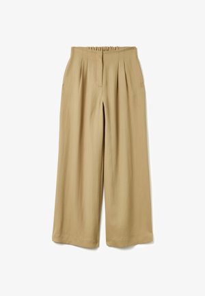 Lichtbeige wijde broek met een gegatherde elastische tailleband, voorzien van voorplooien en een soepele, vloeiende textuur.