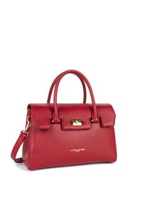 Borsa a tracolla in pelle rossa con un design strutturato, manici superiori, una tracolla removibile e dettagli in oro. Presenta una chiusura a patta.