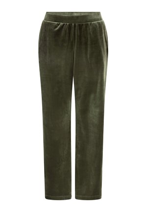 Pantaloni in velluto verde oliva con vita elasticizzata, vestibilità ampia e gambe affusolate. Texture liscia senza tasche visibili o decorazioni.