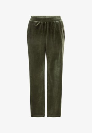 Olijfgroene fluwelen broek met een elastische tailleband, ruime pasvorm en taps toelopende pijpen. Gladde textuur zonder zichtbare zakken of versieringen.