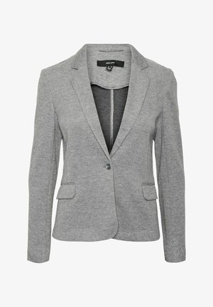 Grijze blazer in een textuurstof, met een geknipt kraag, enkele knoopsluiting, twee voorzakken en een getailleerde pasvorm.