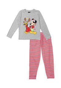 La maglietta a maniche lunghe grigia presenta Topolino e Plutone, mentre i pantaloni a righe rosse e bianche completano il set di pigiama.