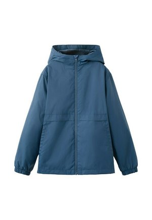 Niebieska kurtka z kapturem, z przednim zamkiem błyskawicznym, elastycznymi mankietami i bocznymi kieszeniami, zaprojektowana do noszenia na co dzień i ochrony przed warunkami atmosferycznymi.