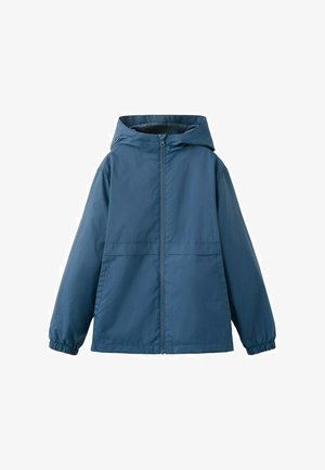 Blå hættetrøjejakke med lynlås foran, elastiske manchetter og sidelommer, designet til afslappet brug og vejrbeskyttelse.