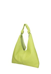 Groene leren handtas met een hobo-vorm, voorzien van een geknoopte riem. Soepele textuur met zichtbare stiksels en afgerond profiel.