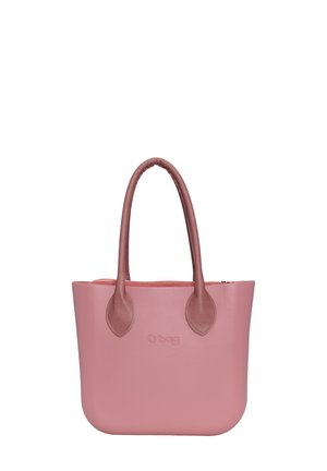 Lichtroze totebag gemaakt van glad materiaal, met twee lange handvatten en bladvormige accenten aan de zijkanten. Ritsluiting bovenop.