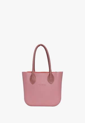 Lichtroze totebag gemaakt van glad materiaal, met twee lange handvatten en bladvormige accenten aan de zijkanten. Ritsluiting bovenop.
