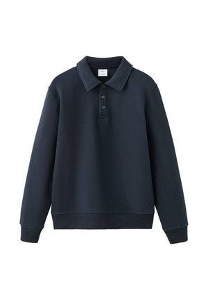 Dunkelblauer Pullover mit klassischem Polokragen, Drei-Knopf-Leiste und gerippten Bündchen am Ärmel und Saum. Weiche Stoffstruktur.