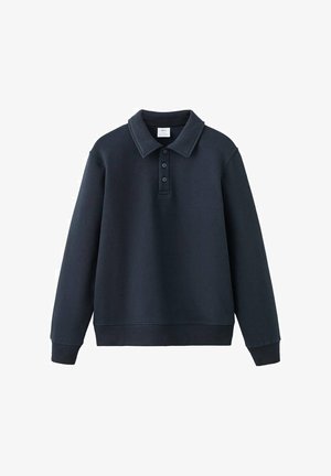 Dark navy pullover sweatshirt with a classic polo collar, three-button placket, and ribbed cuffs and hem. Soft fabric texture.