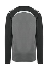 Veste de sport à manches longues avec un panneau arrière gris, des manches noires et des bandes en chevron blanches sur le haut des épaules.