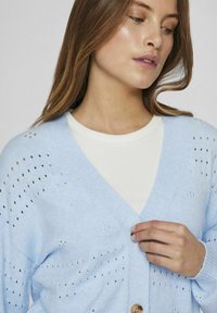 Šviesiai mėlynas mezginys kardiganas su V formos iškirpte, pasižymintis dekoratyviniais skylutėmis ir dideliu mediniu mygtuku. Minkšta tekstūra, laisvas kirpimas.