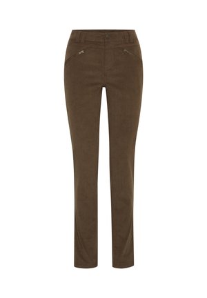 Slim-fit brown pants with a smooth texture, featuring two zippered front pockets and a button closure at the waist. No visible patterns.