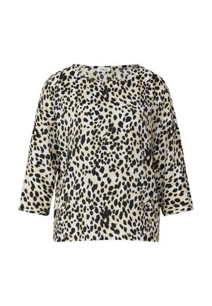 Lightweight, cropped top in beige with black spotted pattern. Features a round neck and 3/4 sleeves, made from a soft, textured fabric.