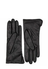 Guanti in pelle nera con una superficie liscia, design aderente e un piccolo accessorio circolare sul polso. Stile a cinque dita per maggiore destrezza.