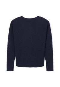 Marineblauer Strickpullover mit einem strukturierten Rautenmuster, langen Ärmeln und einem runden Ausschnitt. Der Saum ist enganliegend für eine optimale Passform.