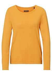 Pull en jaune à manches longues fabriqué en tissu côtelé doux. Présente un col rond et un ourlet léger à la taille. Étiquette de la marque visible.