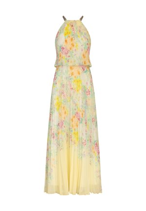 Abito maxi floreale in morbido tessuto giallo, con fiori pastello, design senza maniche e spalline decorate. Tessuto leggero e fluido.