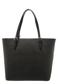 Svart tote-väska i texturerad konstläder med axelremmar, detaljer i guldfärg och en strukturerad form.