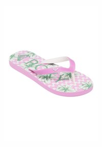 Rosa flip-flop med ett blommönster i grönt på en vit bakgrund, med en texturerad rosa sula och mjuka gummiband.