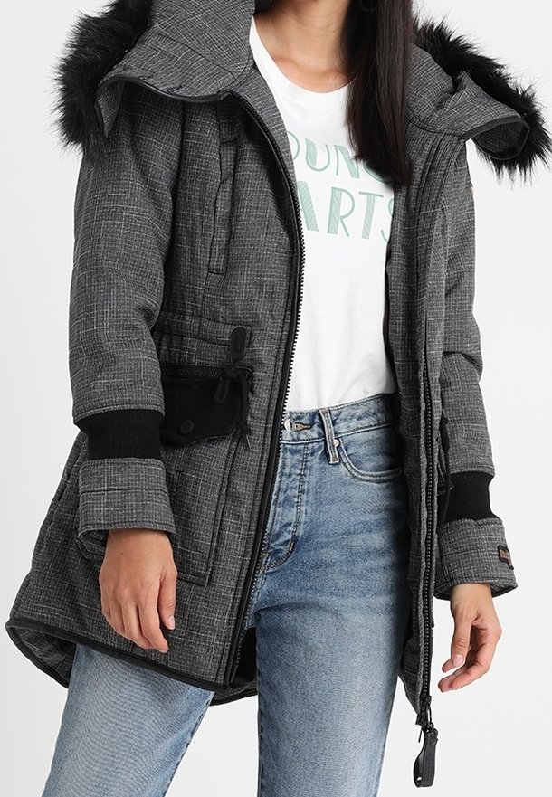 Grå rutigt parka-jacket med huva av päls, dragkedjestängning, svarta detaljer och sidofickor. Stylad med en vit skjorta och blå jeans.