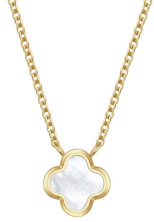Collana con catena d'oro e ciondolo a forma di quadrifoglio, con una intarsio in madreperla bianca.