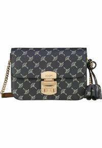 Borsa sintetica nera con motivo a foglia bianca, chiusura in metallo dorato e nappina abbinata. Dotata di tracolla a catena e design strutturato.