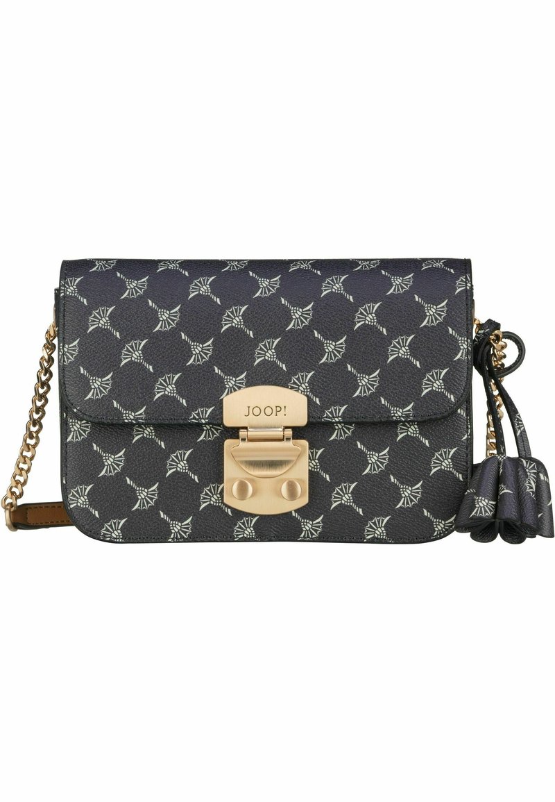 Borsa sintetica nera con motivo a foglia bianca, chiusura in metallo dorato e nappina abbinata. Dotata di tracolla a catena e design strutturato.