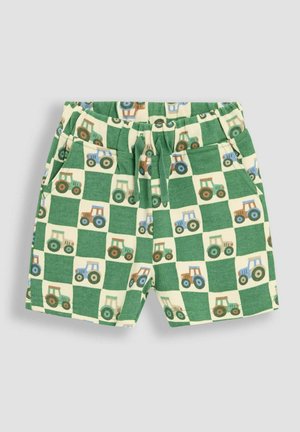 Børneshorts med et grønt og cremefarvet ternet mønster og traktortegninger i blå, brun og grøn. Fremstillet af blødt bomuldsstof.