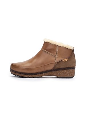 Botas de tobillo de cuero marrón con forro de piel sintética, suela de goma texturizada y costuras decorativas. Presenta un tacón de corcho y una marca lateral.