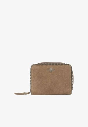 Brown suede wallet with silver studs along the zipper. Features a small embossed "B" logo and a textured surface. Compact rectangular design.