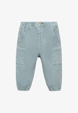 Svetle modré bavlněné cargo kalhoty s elastickým pasem, dvěma bočními kapsami a dvěma velkými cargo kapsami. Elastické manžety na kotnících.