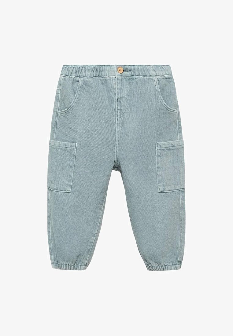 Svetlo modri bombažni cargo hlače z elastičnim pasom, dvema stranskima žepoma in dvema velikima cargo žepoma. Elastični manšeti na gležnjih.
