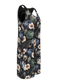 Blomstret kjole med sort baggrund, der har grønne blade samt hvide, blå og ferskenfarvede blomster. Udskæringsdetalje ved skuldrene, ærmeløs design.